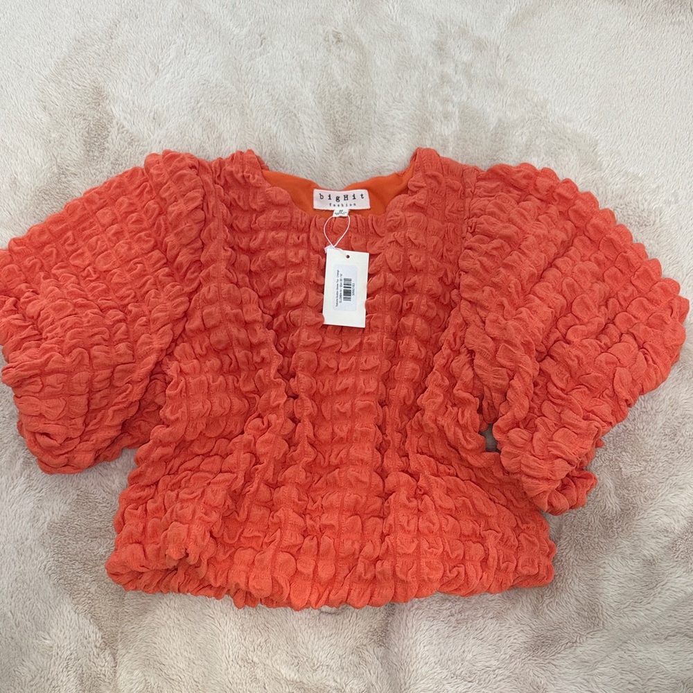 Orange Textured Puff Sleeve Top